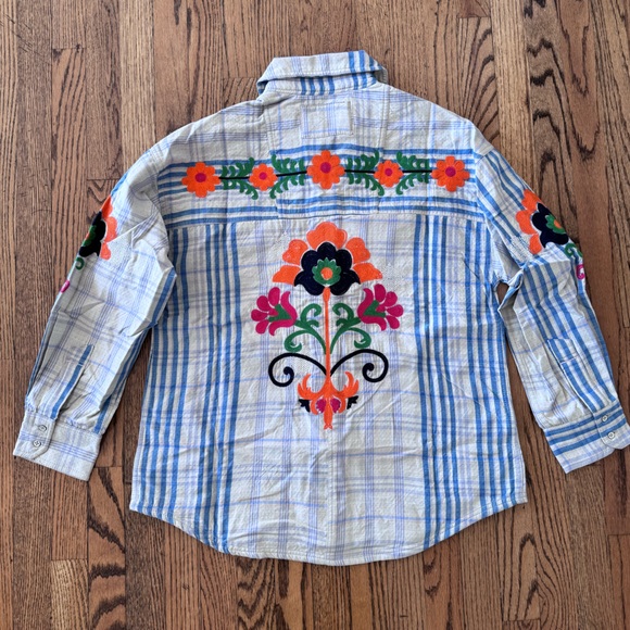 NWT We The Free Blue Plaid Sashiko Flannel Shirt with Floral Embroidery M - Picture 6 of 11